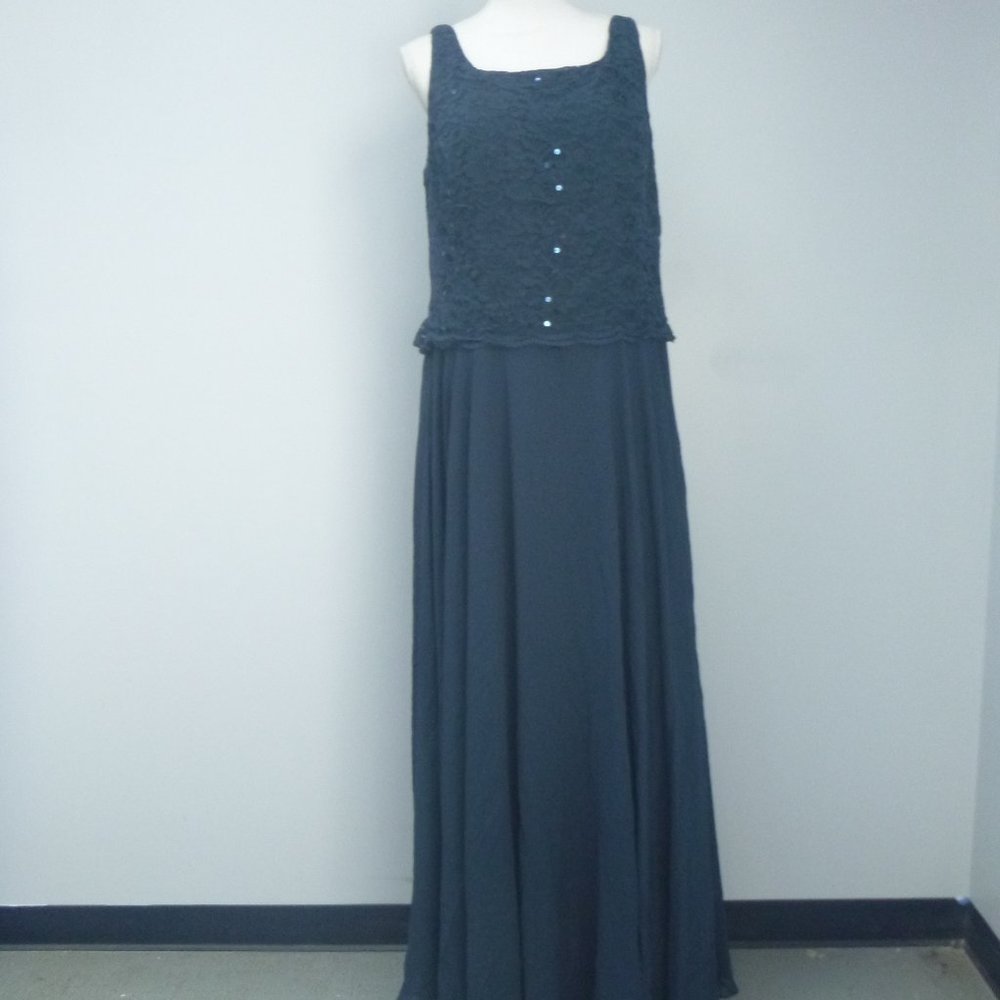 JJ's House Lace Chiffon Sequined Dress Sz 16 Dark Navy 164103 Square Neck Long